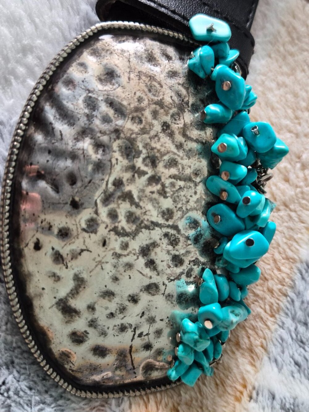 Black Leather Belt with Hand Beaten Buckle Embellished with Turquoise Chips